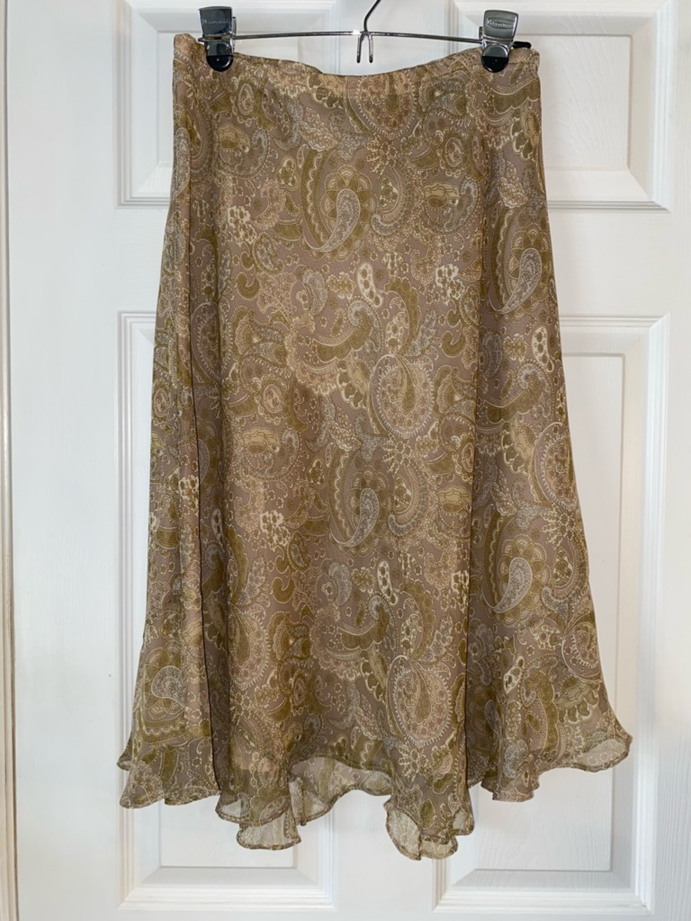 Vintage Notations Taupe and Olive Paisley A-Line Midi Skirt